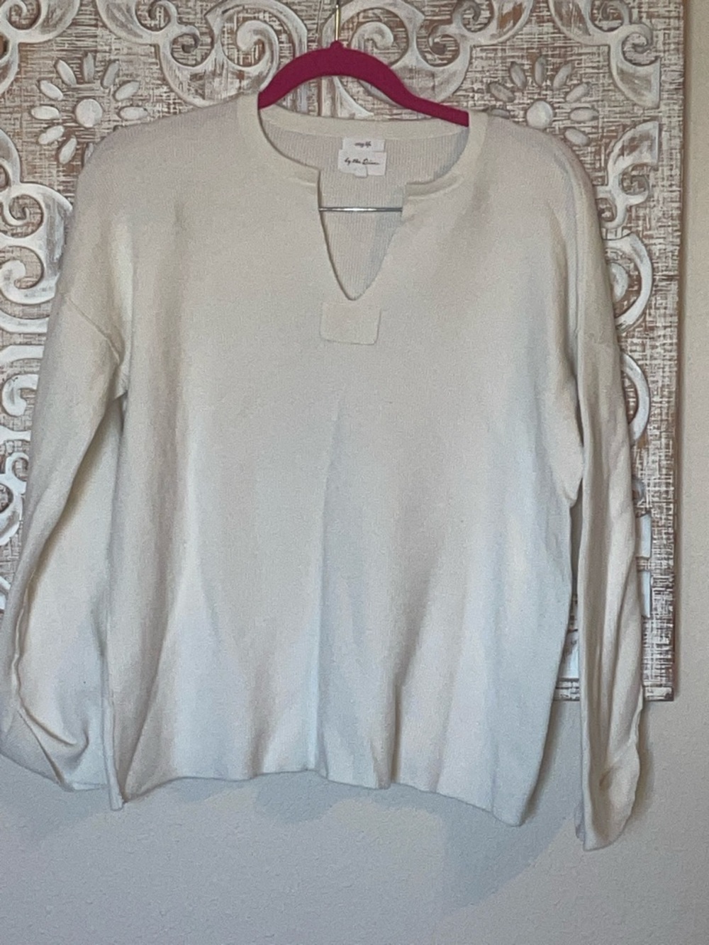 Scoop-Neck Cream Knit Sweater with V-Notch